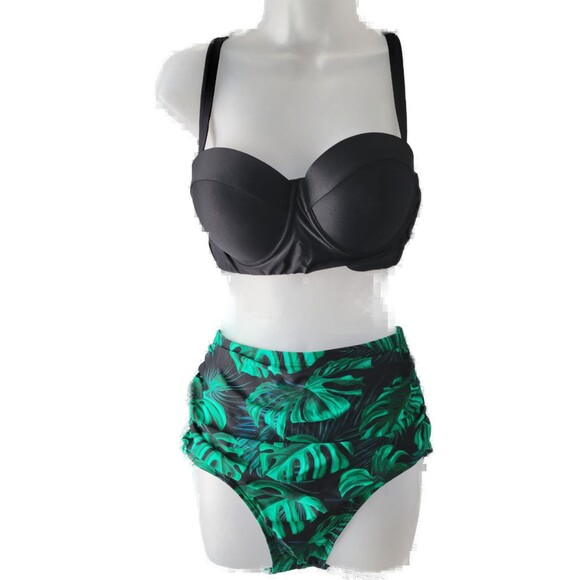 Leaf Print High Waisted Dark Green Bikini Sets Sz L - Picture 3 of 5